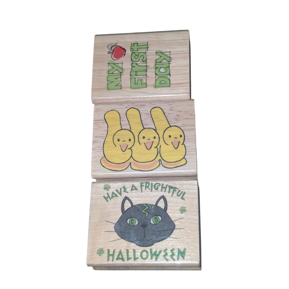 Canadian Maple Wood Rubber Stamps Halloween Cat Duck School Scrapbook 90s Style